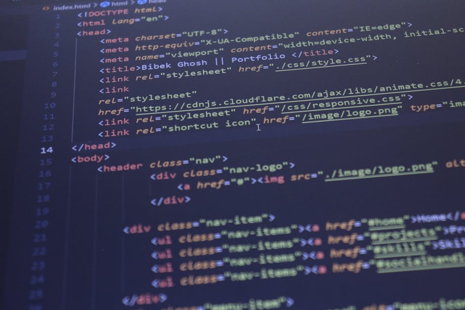 A computer screen displaying a code editor with lines of HTML and CSS code visible, including tags such as '<DOCTYPE html>', '<html>', '<head>', and '<body>'. The code is highlighted in different colo